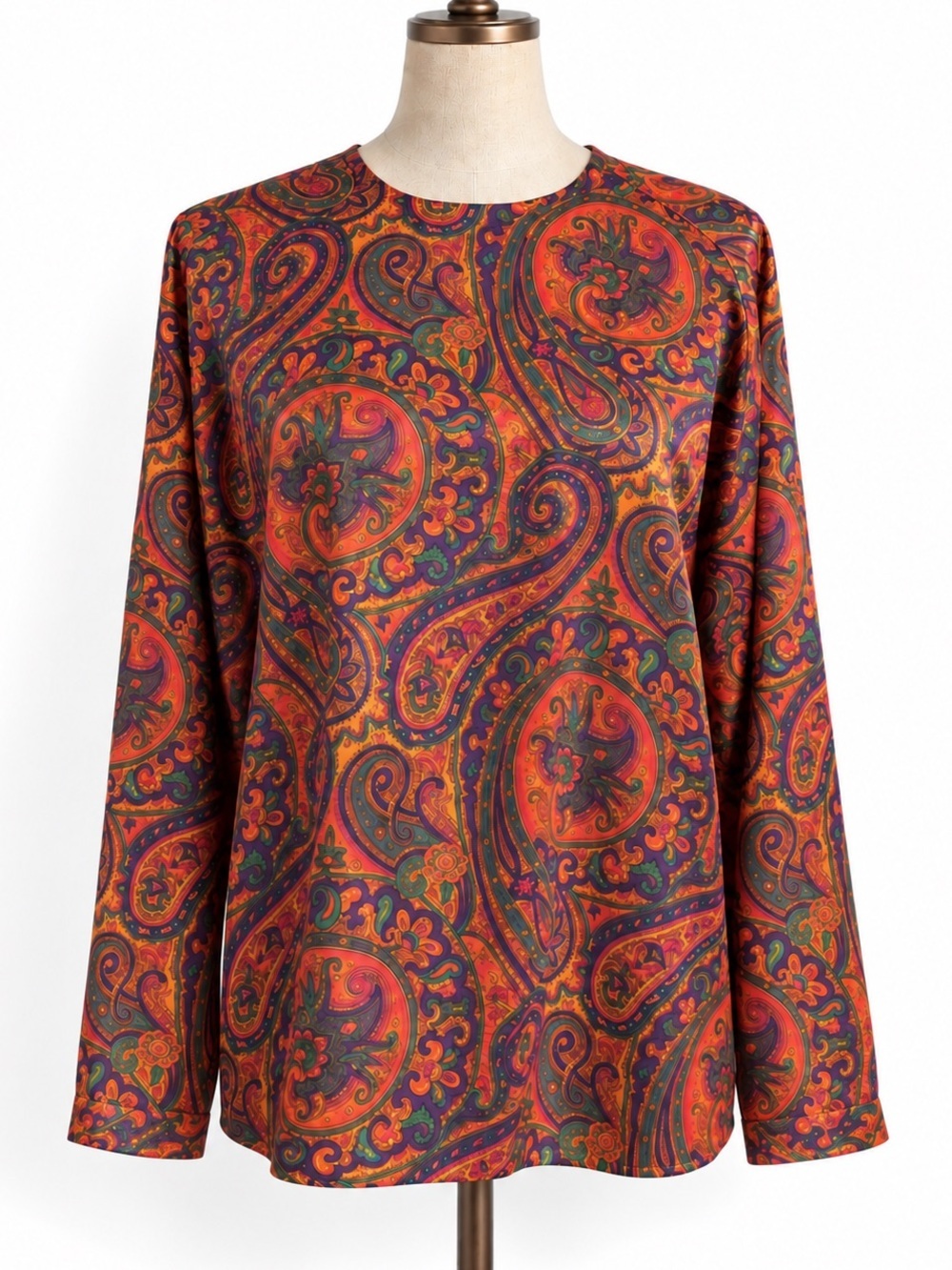 Vintage silky paisley long sleeve top with fabric covered neck buttons. 12